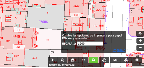 Ventana de impresión del visor del Catastro con formato DIN A4 apaisado y escala 1:1500